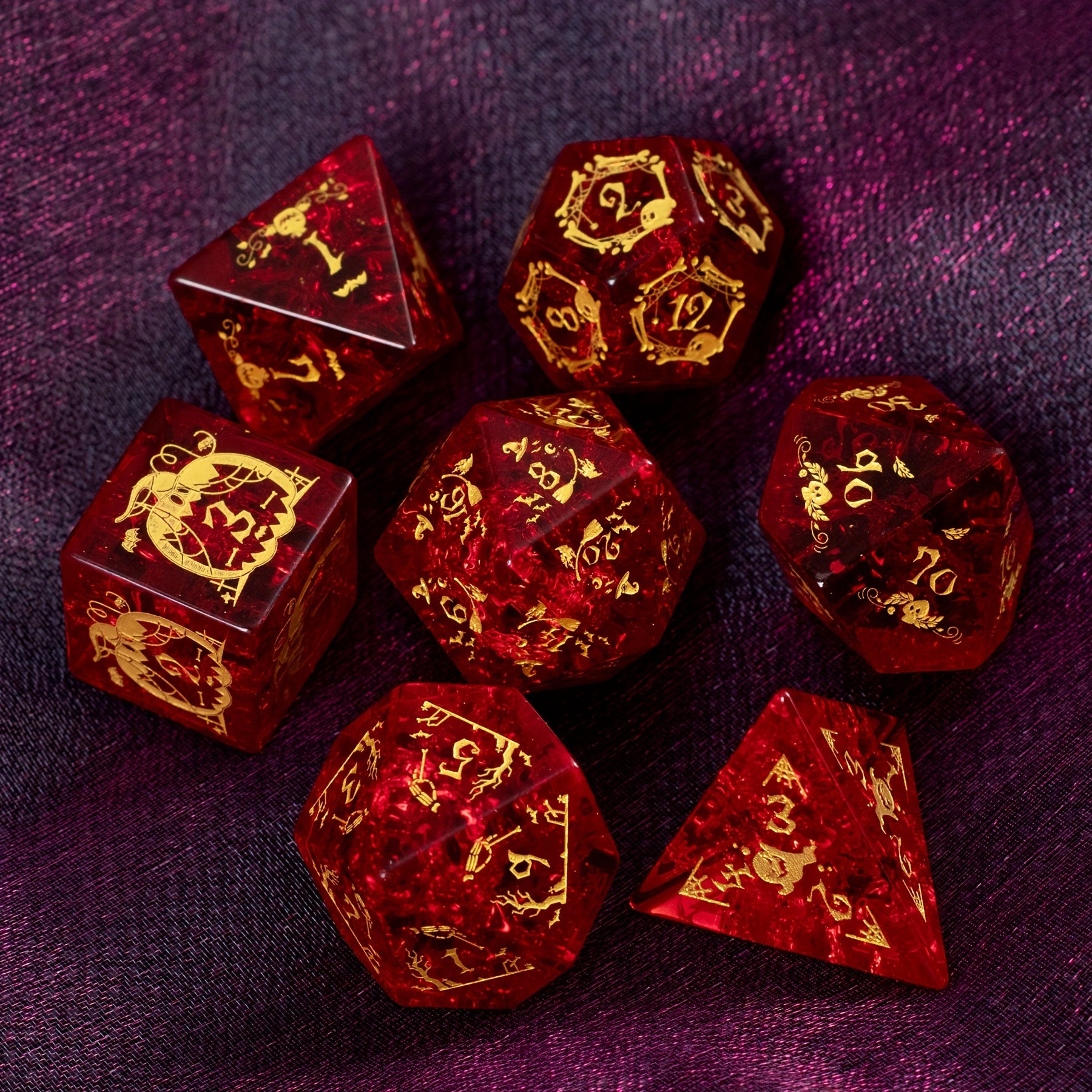 Halloween Red Glass Gem Dice with Exclusive Pumpkin Skull Carving Pattern