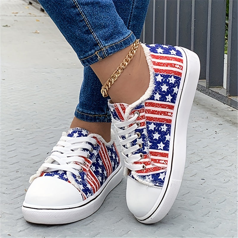 Women's Star Pattern Canvas Sneakers Striped Low Top Shoes