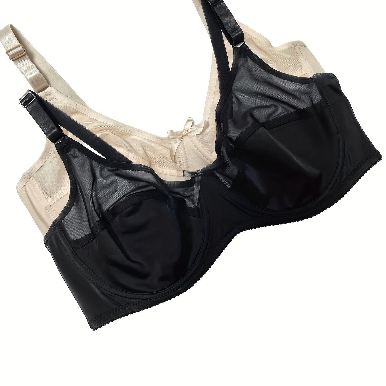 2 Pack Plus Size Sexy Bra Set Women's Plus Contrast Mesh Bow Detail Underwire