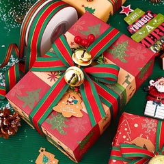 Christmas Ribbon Red Green Striped Golden Ribbon Bow Gift Wrap DIY