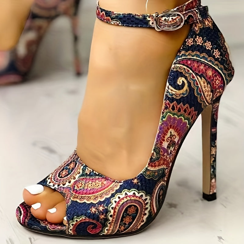 Retro Flower Stiletto Heels Peep Toe Buckle Pumps Summer