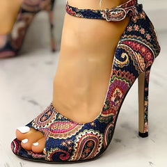 Retro Flower Stiletto Heels Peep Toe Buckle Pumps Summer
