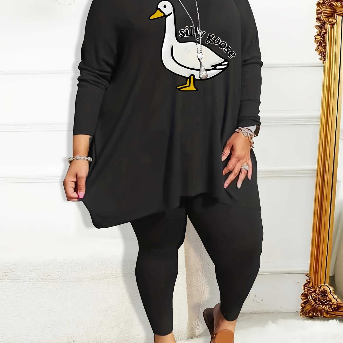 Pajama Set Women's Plus Goose & Letter Print Tee & Leggings