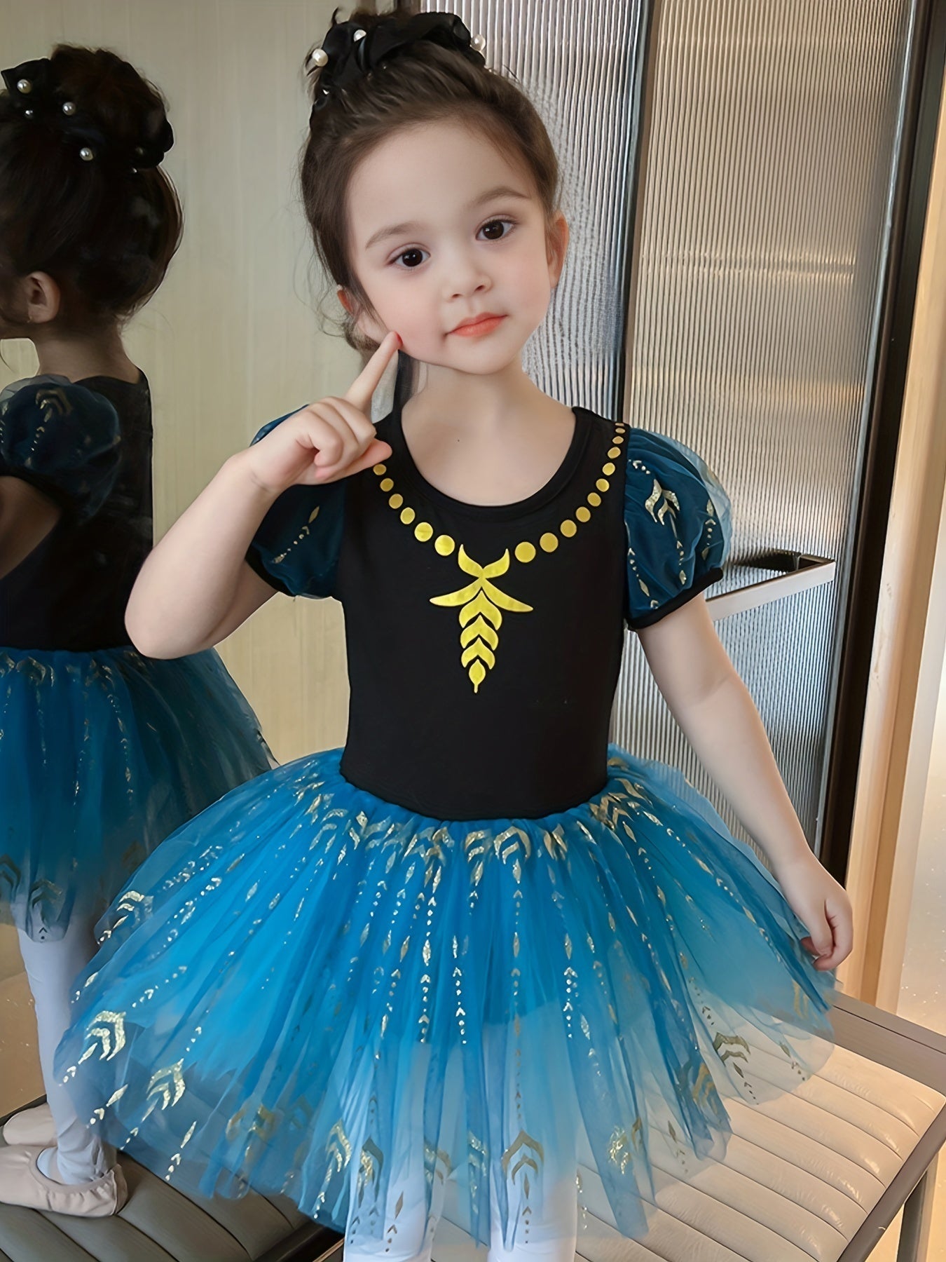 Girls Floral Tulle Tutu Mesh Puff Sleeve Ballet Dance Dress