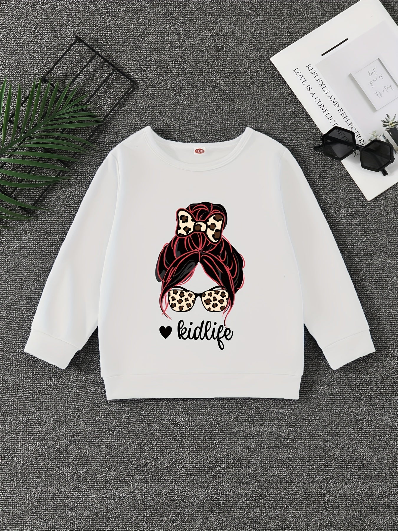 Girls' Leopard Portrait Crew Neck Sweatshirt Pullovers Kids Long Sleeve Tops