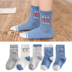 5 Pairs Girls Cartoon Pattern Cotton Crew Mid Calf Socks