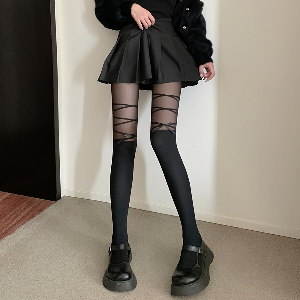 Criss Cross Pattern Bow Tie Pantyhose Semi Sheer Stockings