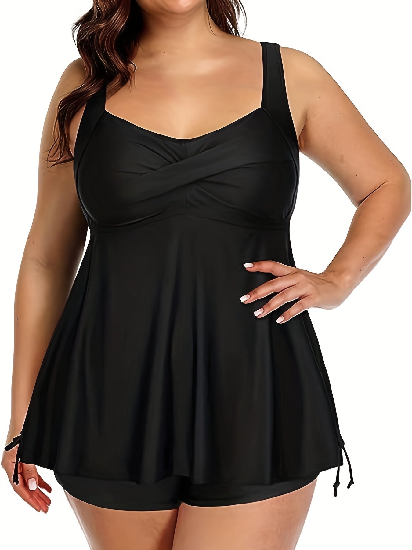 Modest Tankini Set Women's Plus Solid Cami Top & Shorts Swimsuit
