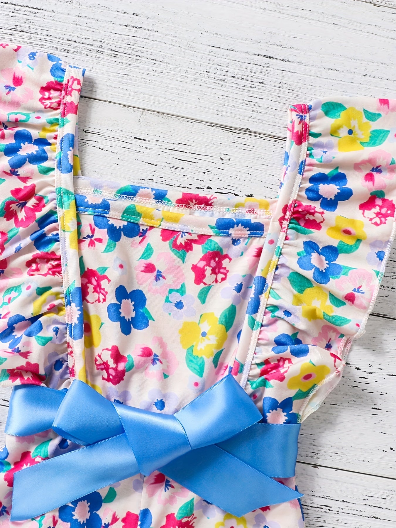 Girls Bow Floral Print Ruffle Sleeve Rompers Comfortable Casual Jumpsuit