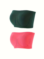 2 Pack Plus Size Seamless Tube Bra Set Women's Plus High Stretch Wireless Top