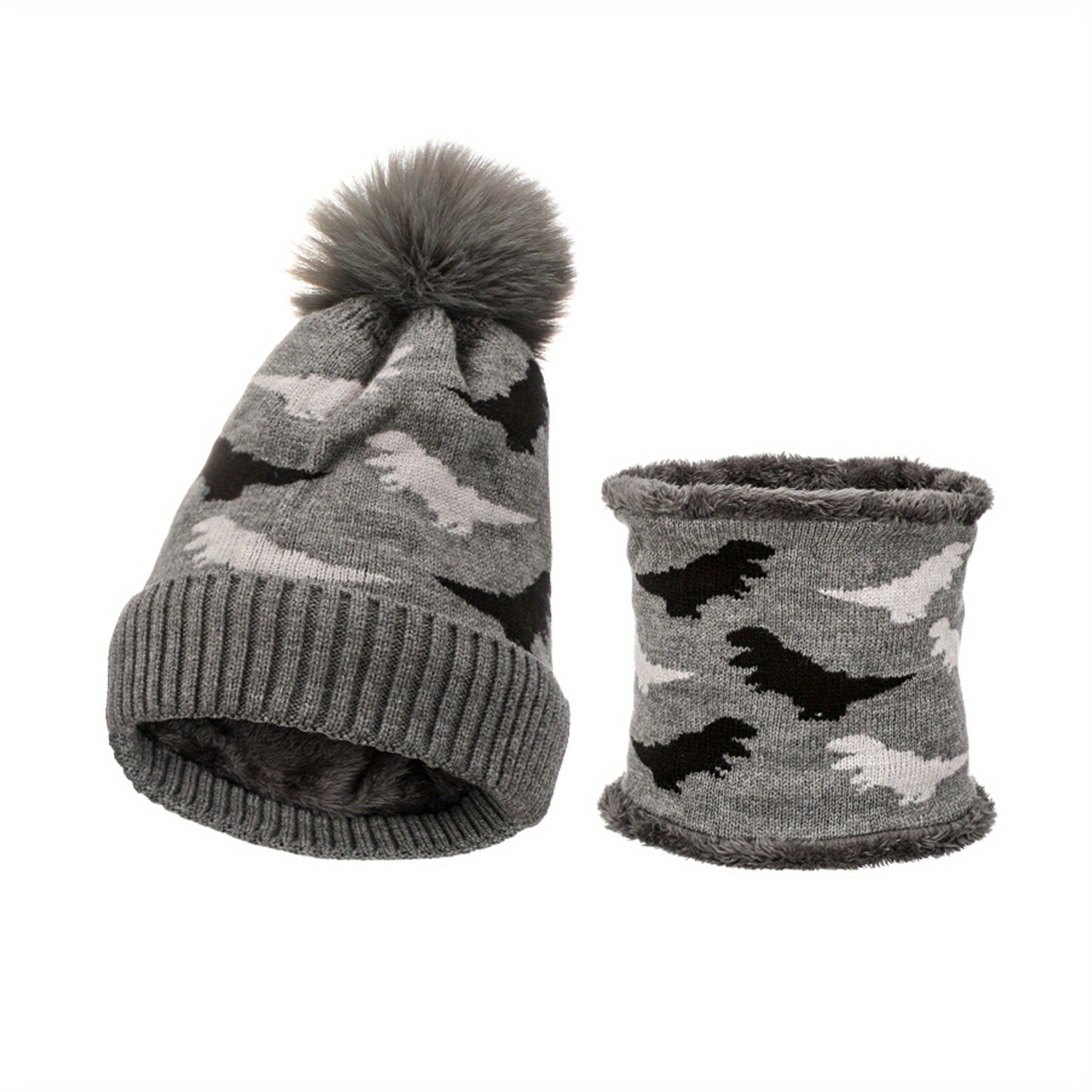 Kids Dino Knit Beanie Hat & Velvet Neck Gaiter Set