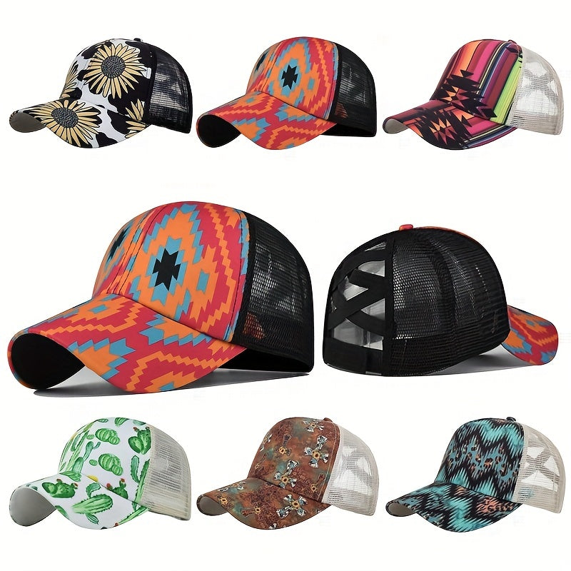 Cartoon Print Baseball Cap Ponytail Mesh Trucker Hats Lightweight Sun Shade