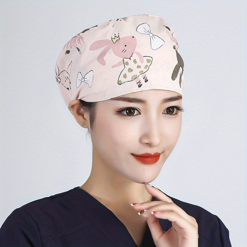 Cartoon Pattern Nurse Cap Adjustable Elastic Scrub Hat