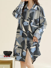 Geometric Pattern NightDress Long Sleeve V Neck Buttons Pajama Dress