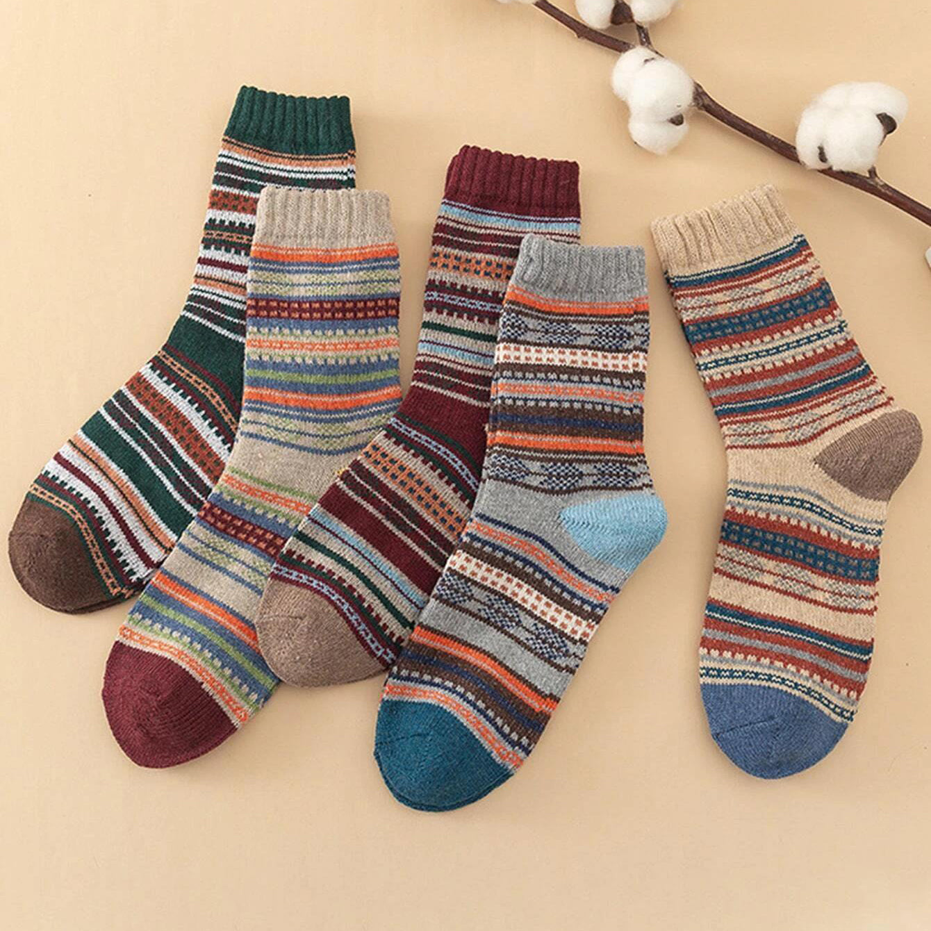 5 Pairs Women's Striped Thermal Crew Socks