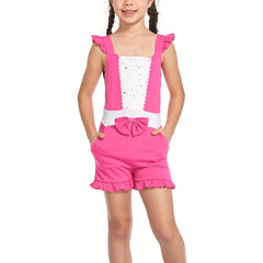 Girls Princess Ruffle Sleeve Jumpsuit With Bow Romper