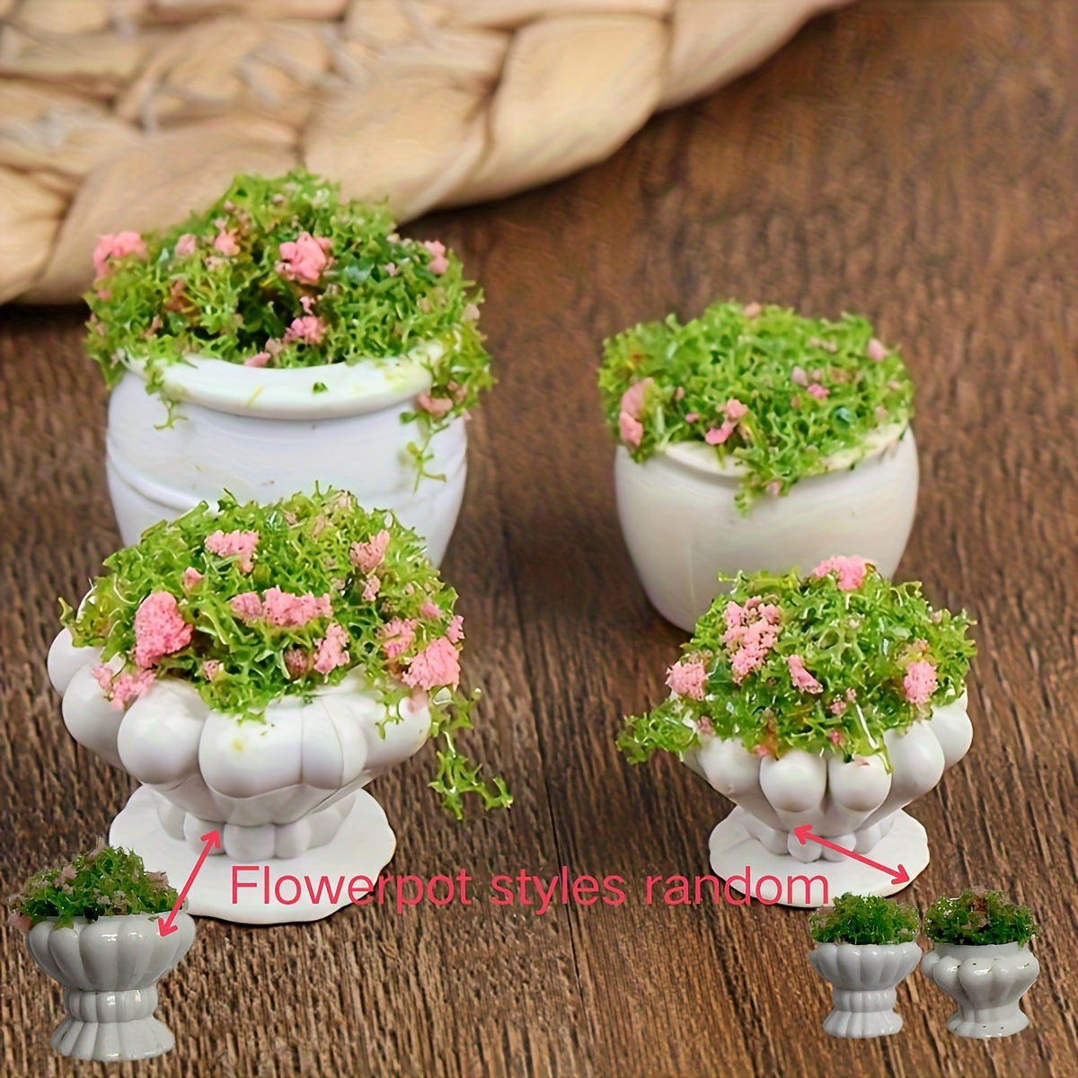 4pcs Pink Flower Green Plant Potted 1:12 Dollhouse Decor
