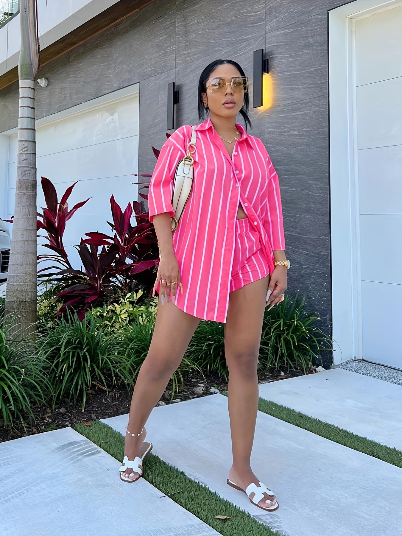 Striped Print Two piece Set Button Front Shirt & Shorts