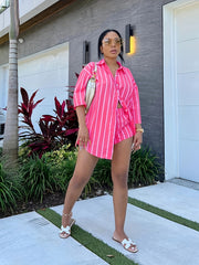 Striped Print Two piece Set Button Front Shirt & Shorts