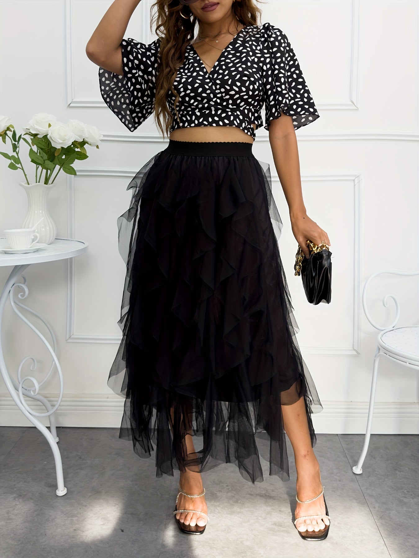Mesh Ruffle Trim High Waist Skirt for Women