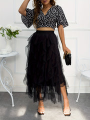 Mesh Ruffle Trim High Waist Skirt for Women