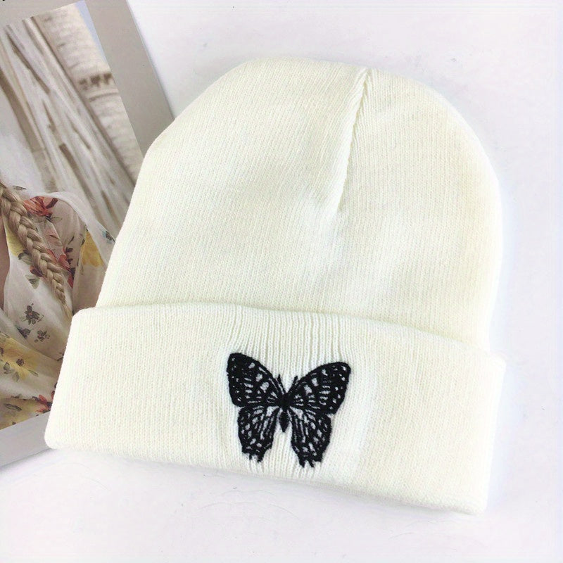 Y2K Butterfly Embroidered Beanie Hat Hip Hop Knit Couple Skull Cap