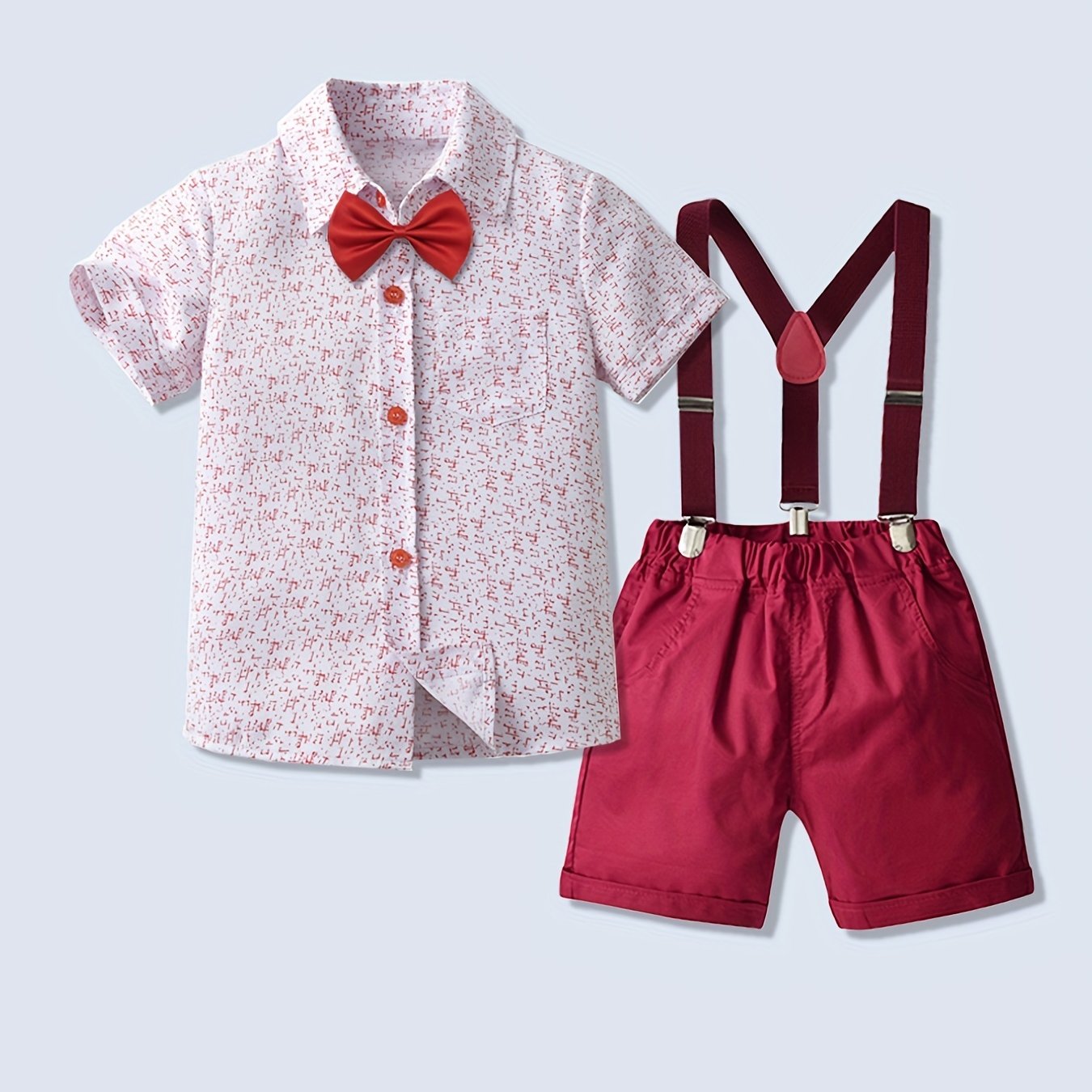 Boy's 2pc Bowtie Shirt & Overalls Set Geometric Pattern Outfits For Summer