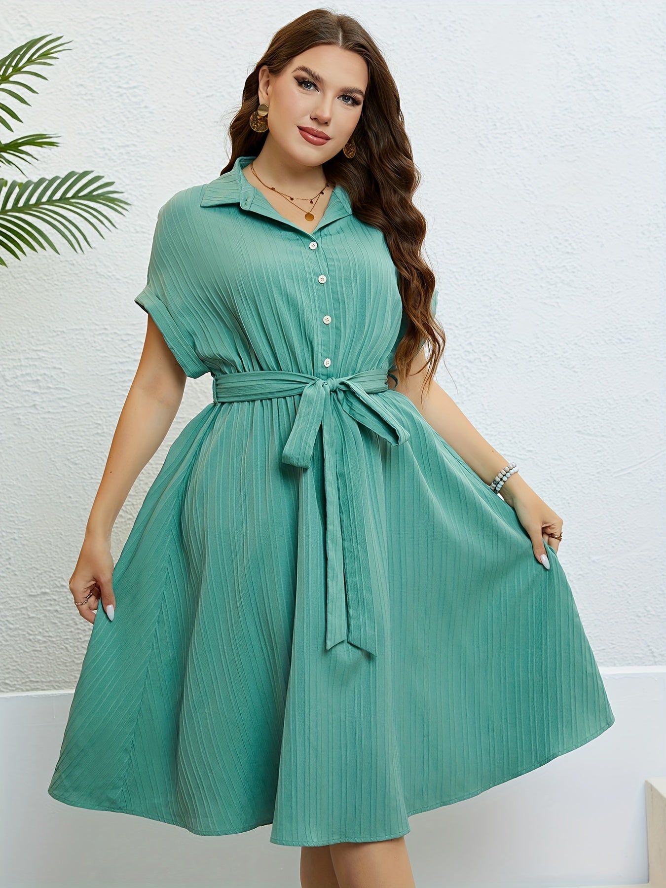 Ribbed Button Up Bat Sleeve Shirt Dress