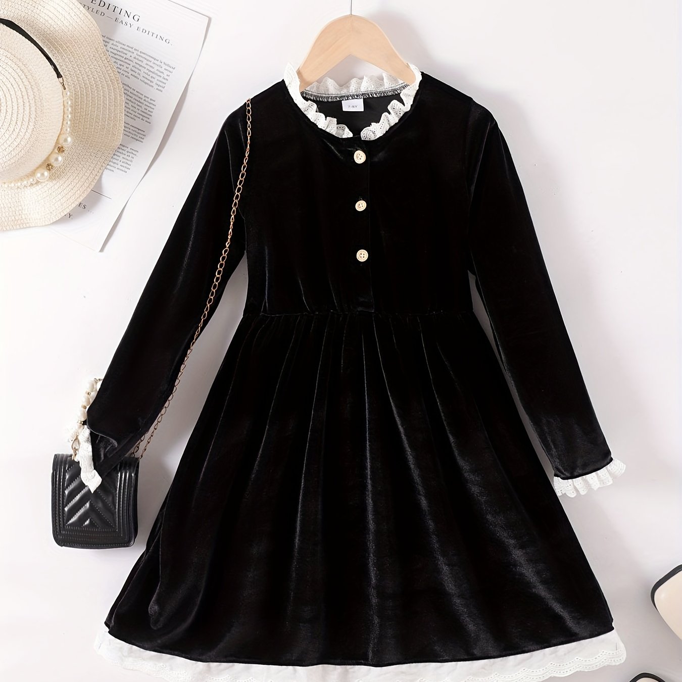 Vintage Princess Dress For Big Girls Velvet Lace Stand Collar Long Sleeve