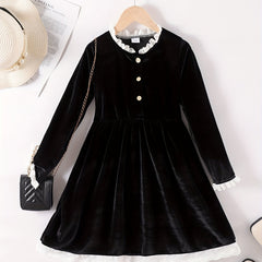 Vintage Princess Dress For Big Girls Velvet Lace Stand Collar Long Sleeve