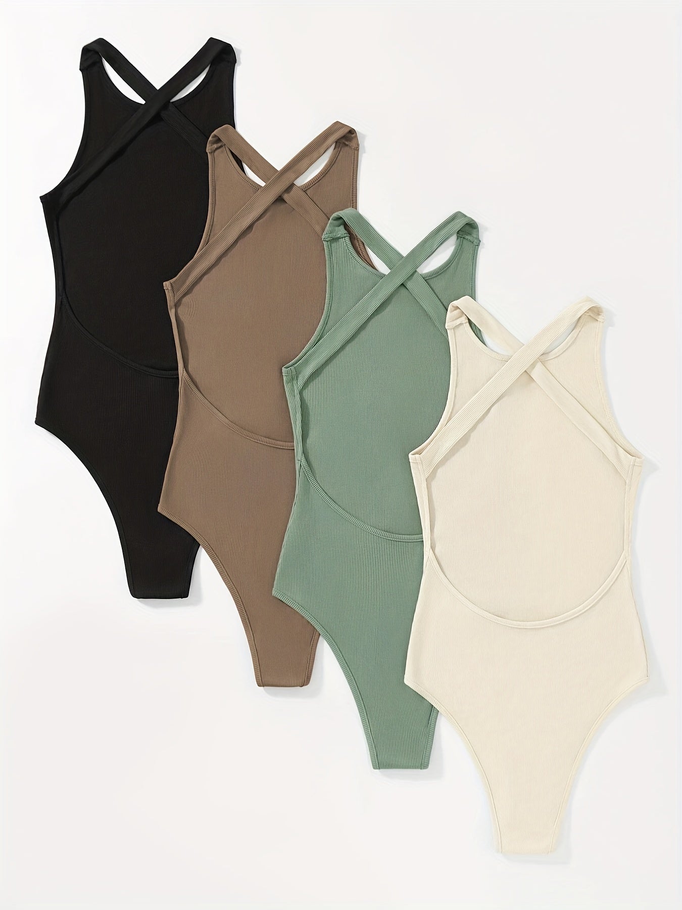 Solid Crew Neck Bodysuit 4 Pack Sleeveless Cross Back - Women's Clothing