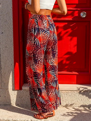 Boho Floral Print Wide Leg Pants High Waist Elastic