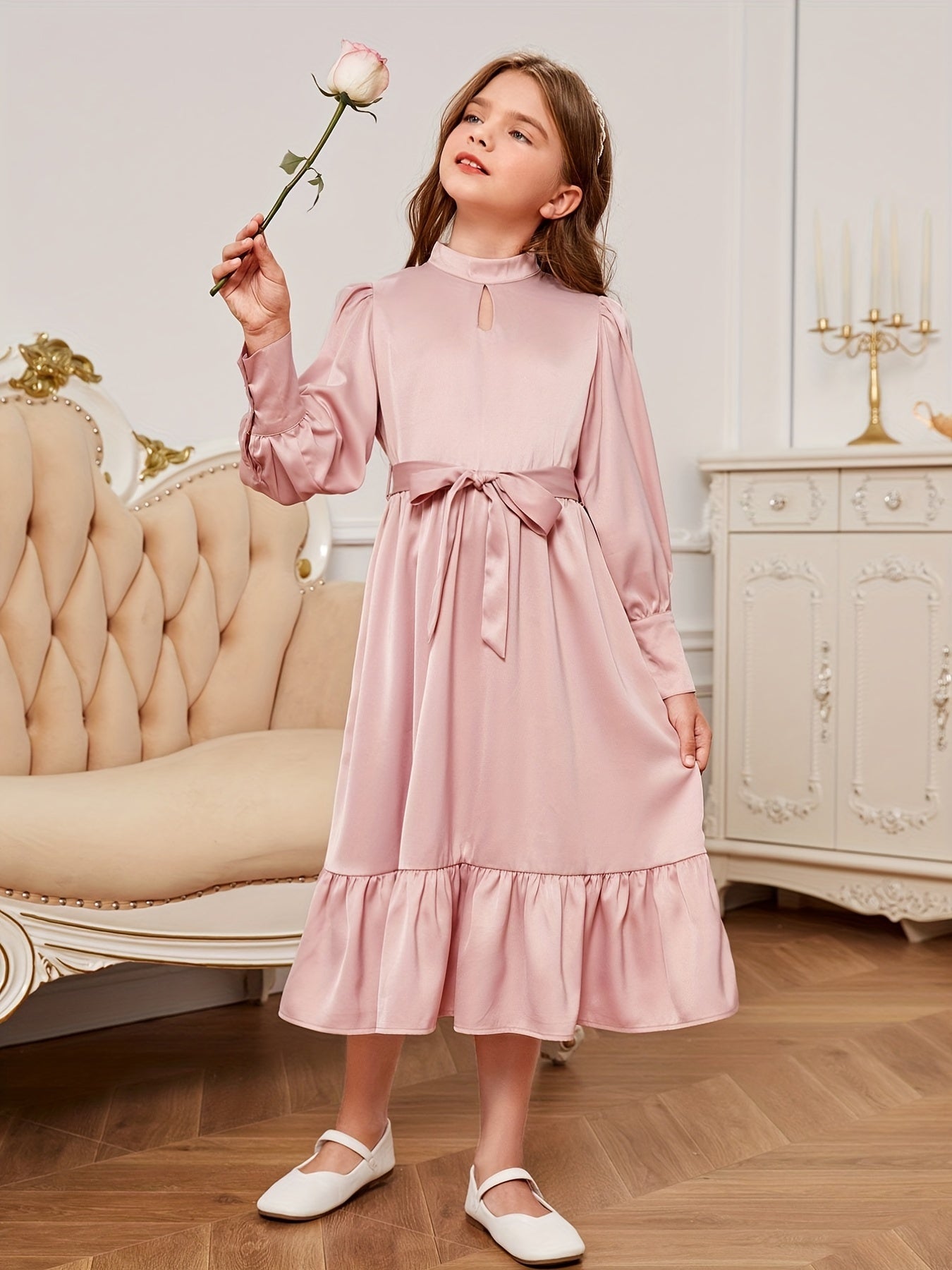 Stylish Family Matching Dress Casual Solid Long Sleeve Family Dress