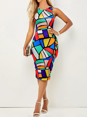 Contrast Crew Neck Dress Sleeveless Bodycon Midi Dress