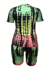 Tie Dye Top & Shorts Set Short Sleeve Round Neck Outfits 2 Piece