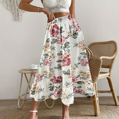 Vintage Floral Print Skirts Elastic Waist Ruffle Trim Summer Skirts