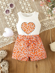 Toddler Girl's Floral Heart Print Romper with Belted Shorts