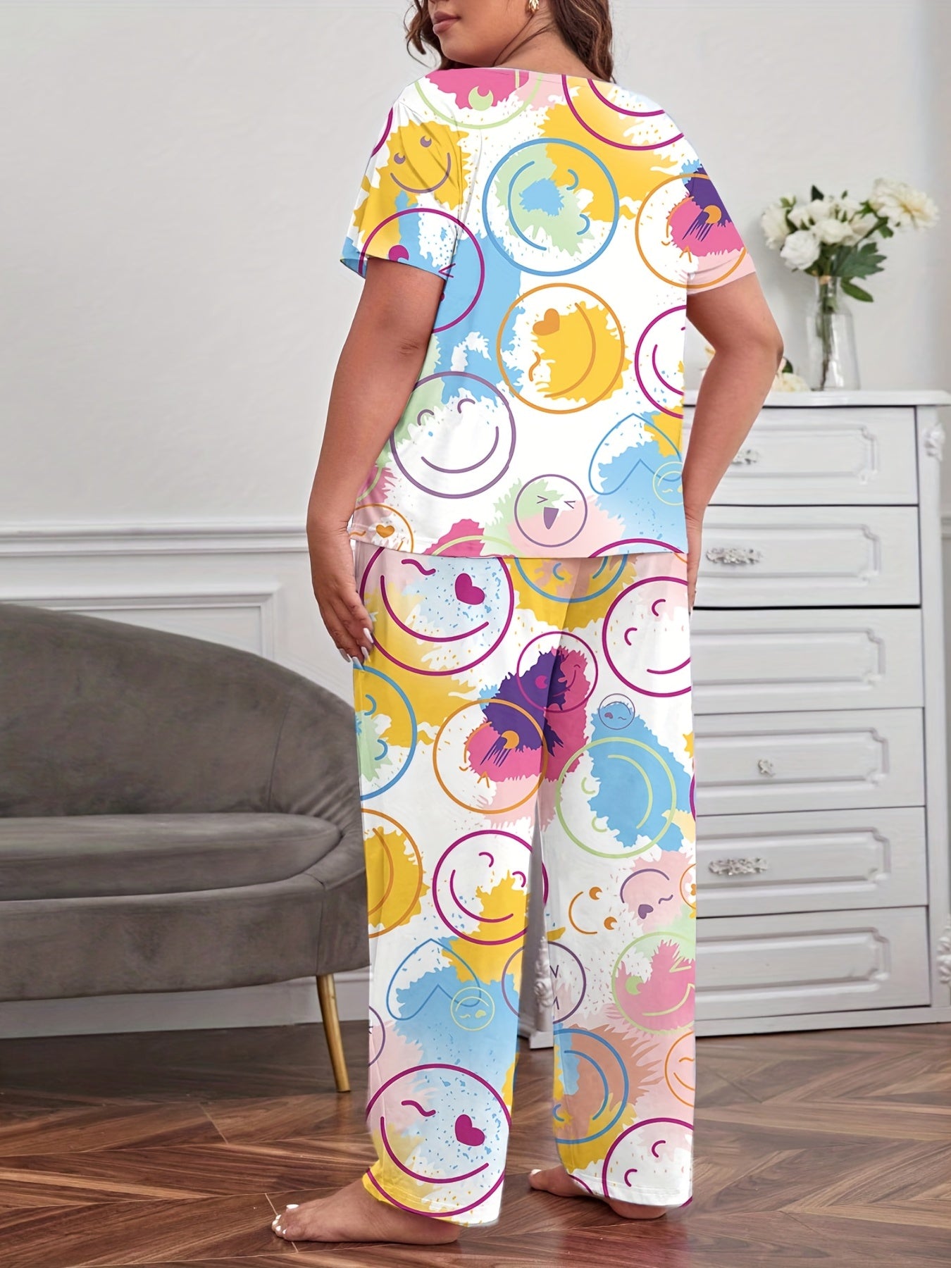 Tie Dye & Face Print Pajamas Two Piece Set