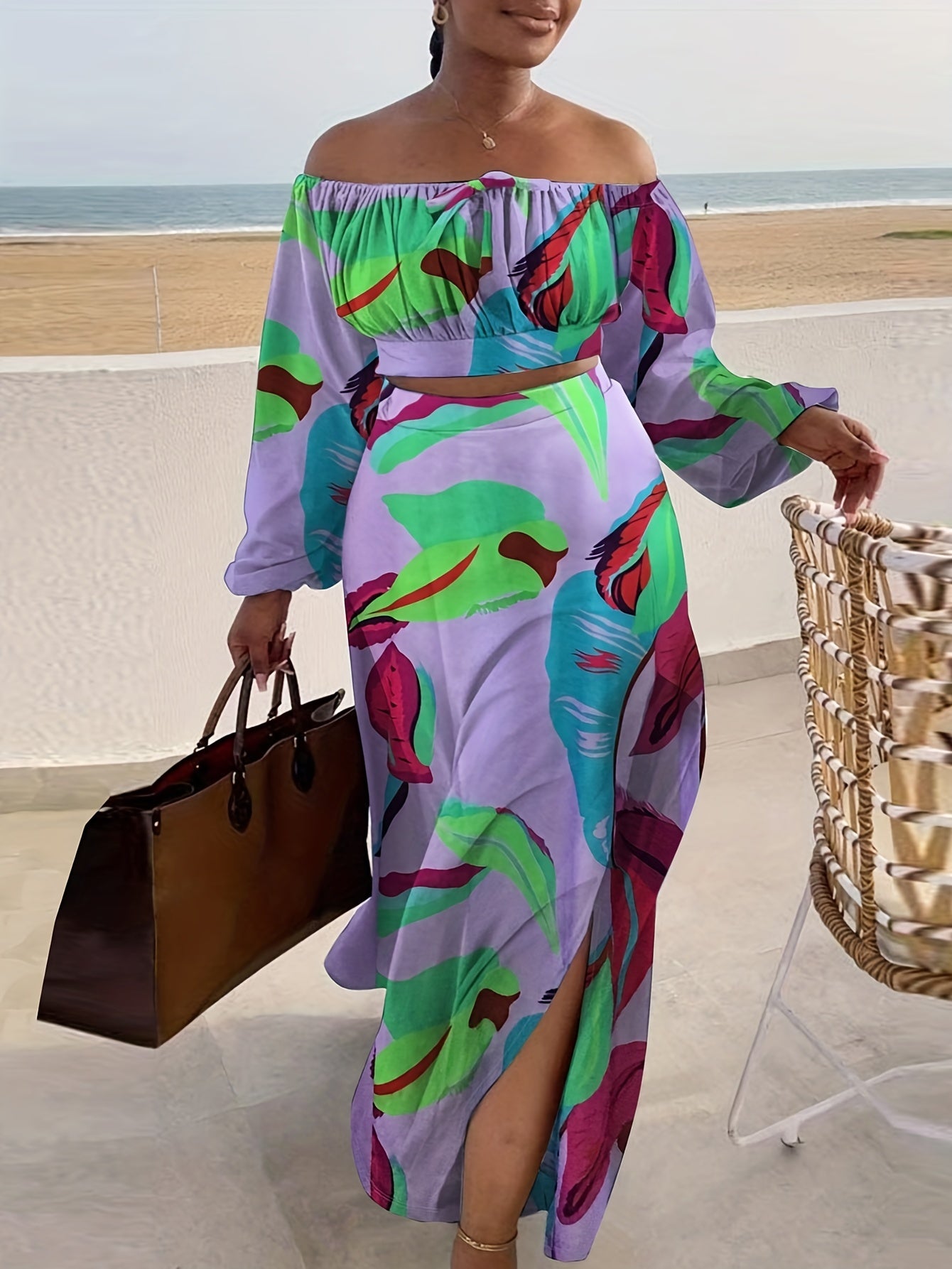 Women's Floral Print Off Shoulder Crop Top & Maxi Skirt Set