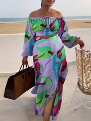 Women's Floral Print Off Shoulder Crop Top & Maxi Skirt Set