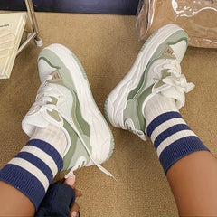 Women's Breathable Mesh Sneakers Lace Up Colorblock Shoes Platform