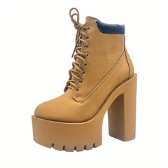 Chunky Heeled Short Boots Round Toe Lace Up High Heels Waterproof Shoes