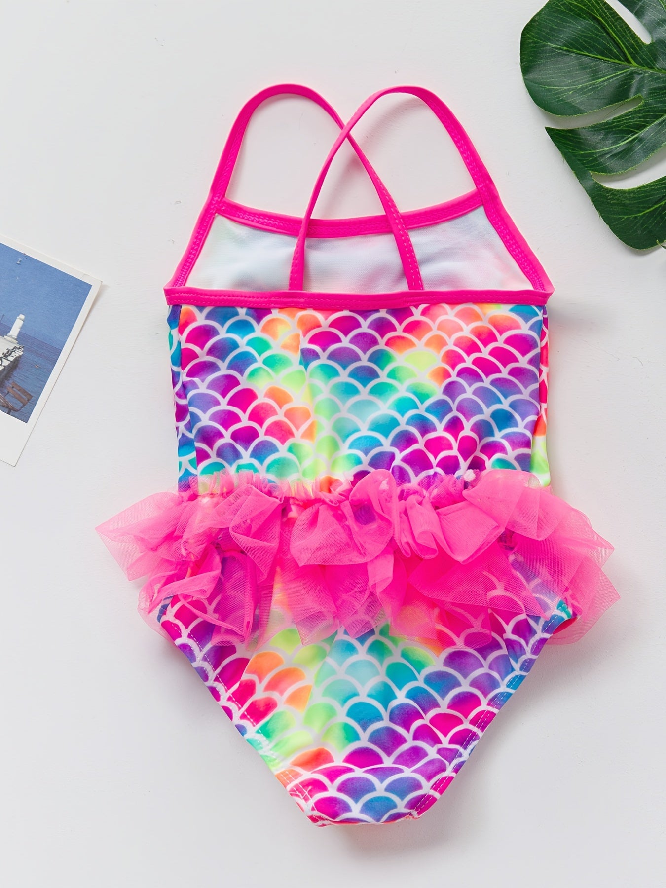 Girls Mermaid Fish Scale Print Swimsuit Sleeveless Camisole Mesh Decor