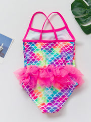 Girls Mermaid Fish Scale Print Swimsuit Sleeveless Camisole Mesh Decor