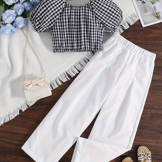 Girls Checkerboard Puff Sleeve T shirt & Pants Set For Summer