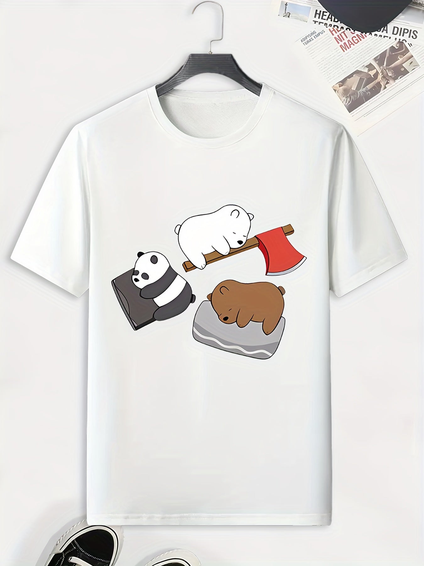Men's Cartoon Bear Pattern T shirt Casual Slightly Stretch Tee