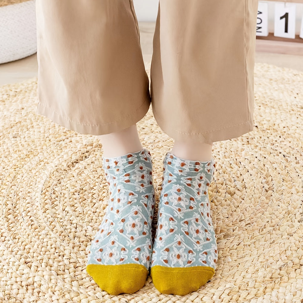 5 Pairs Vintage Floral Textured Short Socks Women's Stockings