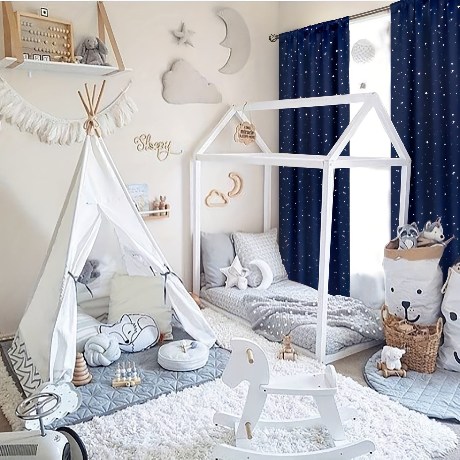 Star Printed Polyester Curtains Rod Pocket Curtain for Home Decor