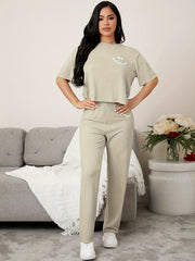 Smile Print Pajama Set Short Sleeve Tee Top & Pants Women's Sleepwear