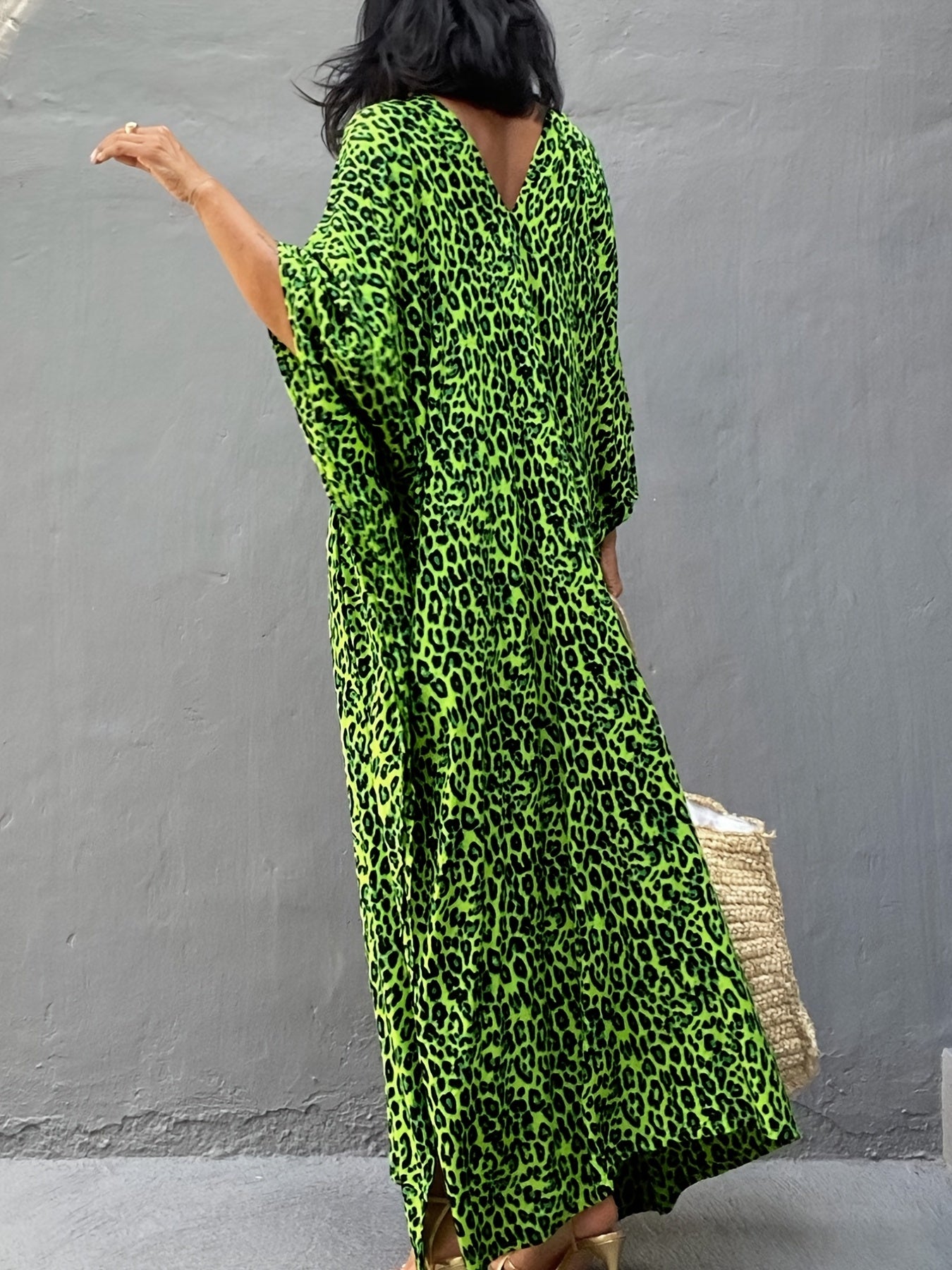 Leopard Print V Neck Split Thigh Kaftan Batwing Half Sleeve Kimono Cover Up